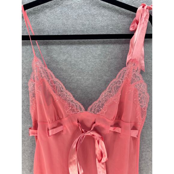 Victoria's Secret Women's sz S Lace Trim Nightie Lingerie Coral Pink Ribbon Tie - Picture 2 of 8